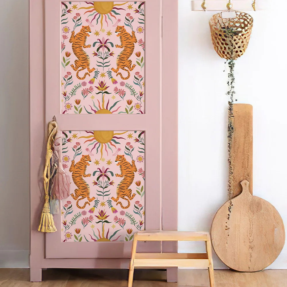 papier peint vinyle adhésif tigres fleurs rose chambre salon vintage boho chic