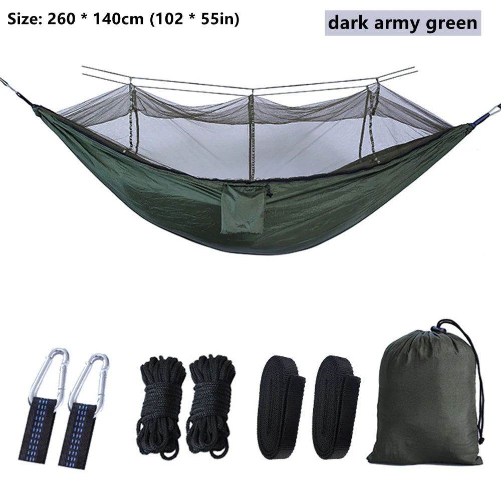 hamac double moustiquaire vert olive blanc tissu confortable transparent pratique léger