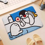 tapis cartoon anti dérapant bleu clair noir blanc rouge jaune penguins poissons visage résistant