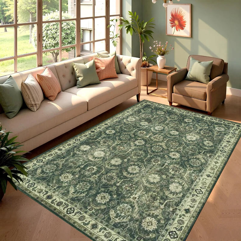 tapis vintage floral vert bleu gris classique antidérapant salon chambre moderne