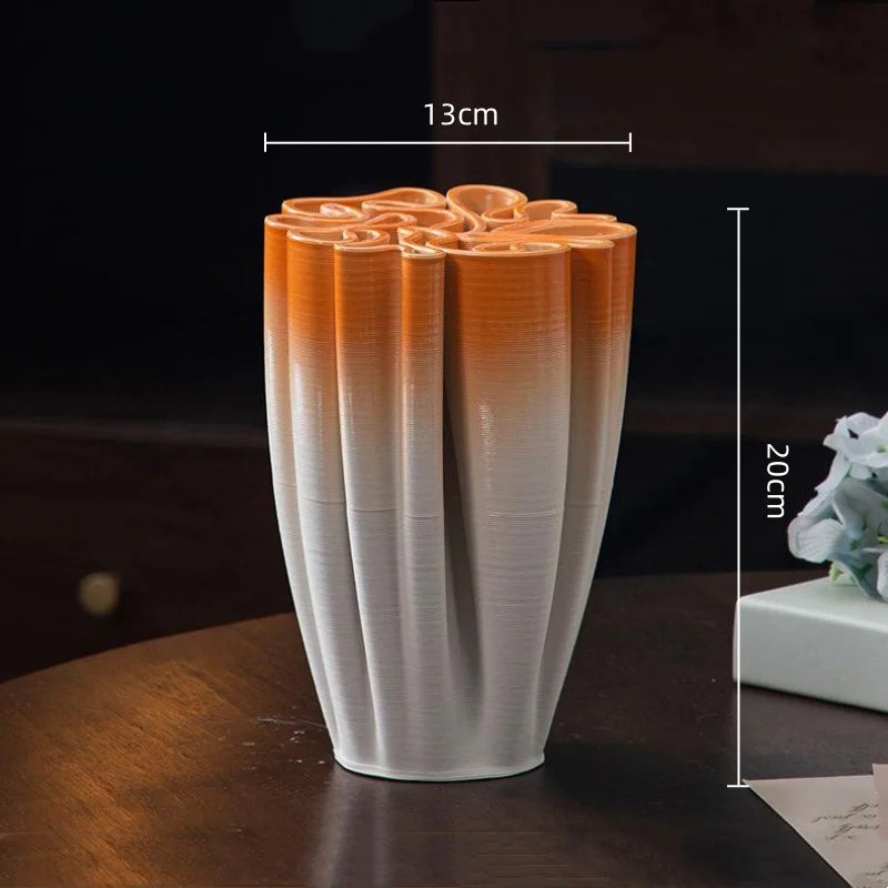 vase moderne blanc marron rouge orange rayures horizontales opacité maison fleurs table