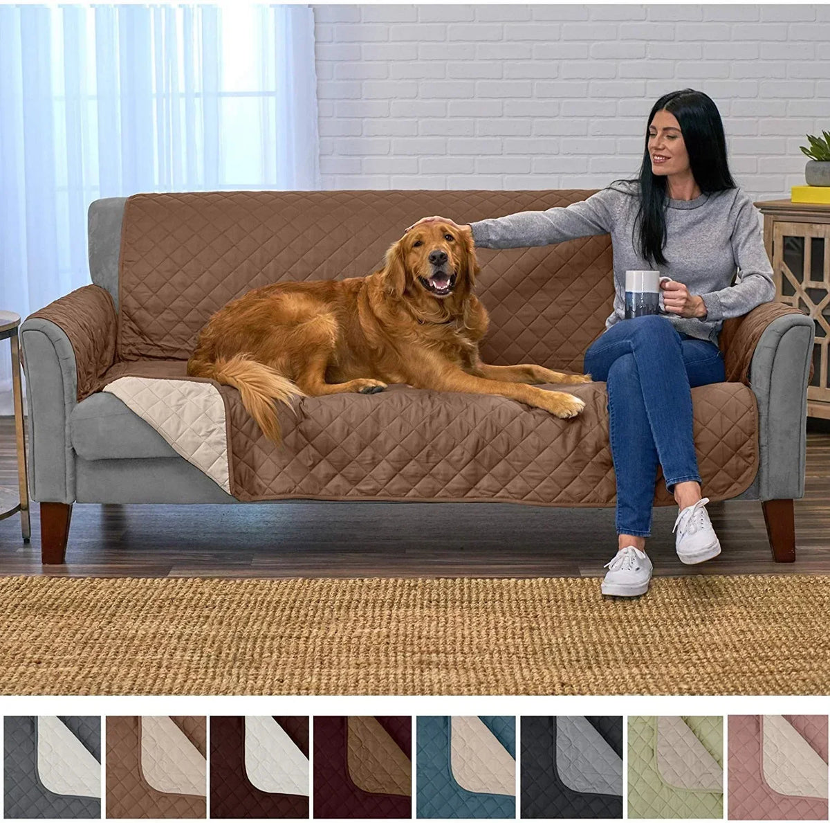 housse canapé marron quiltée réversible anti dérapante 100 polyestère moderne