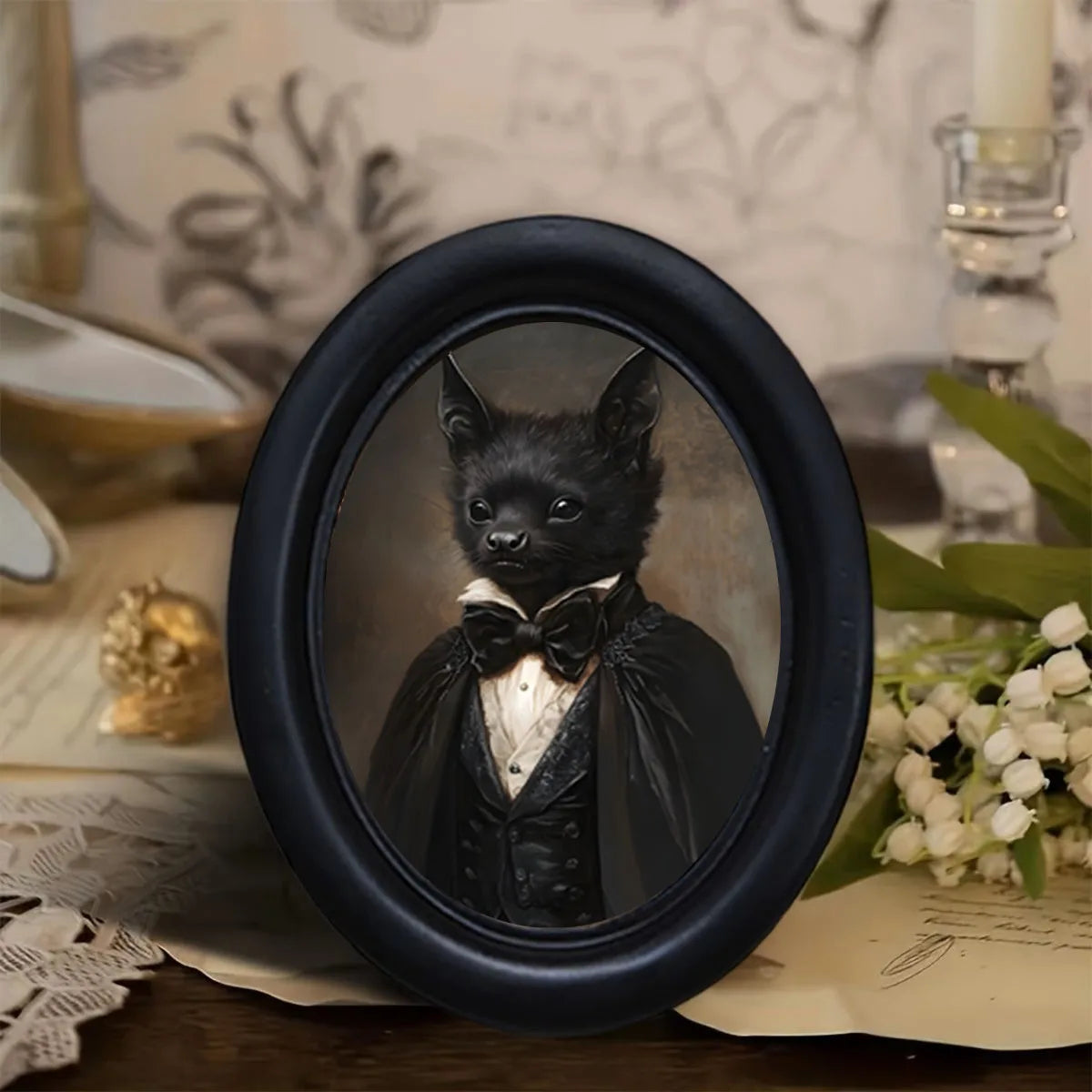 cadre photo ovale noir chat costume classique décoration murale vintage gothique