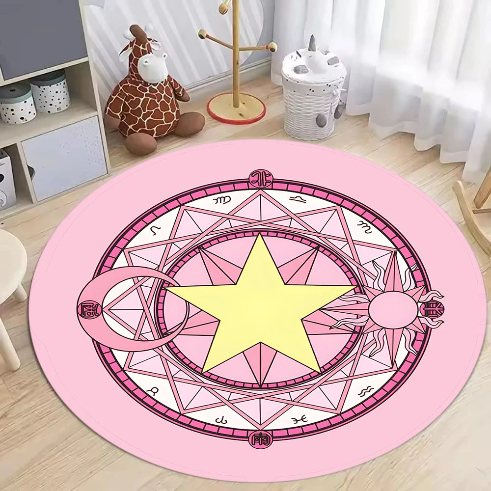 tapis rond moderne pentagramme symboles astrologiques noir jaune rose blanc salon chambre salle bain