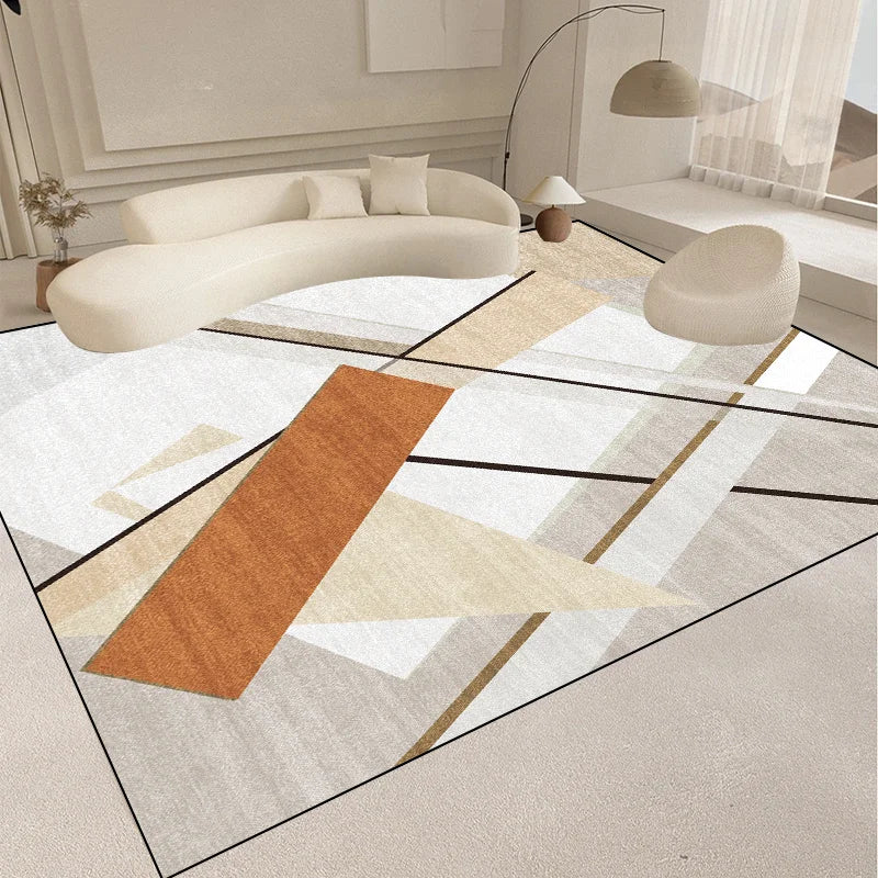 Intérieur moderne et élégant avec un canapé beige arrondi, des coussins et un tapis coloré aux motifs géométriques.