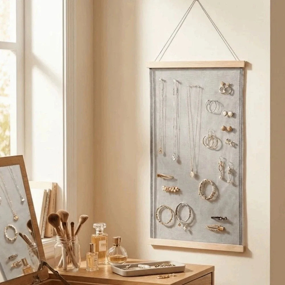 porte bijoux mural bois gris moderne fixé corde suspension rangement boucles d'oreilles bracelets colliers