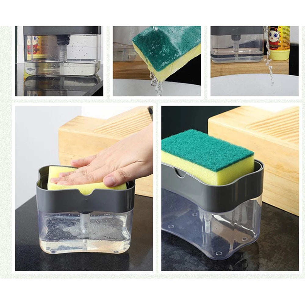 distributeur savon liquide éponge intégrée adhésif transparent gris jaune vert moderne pratique