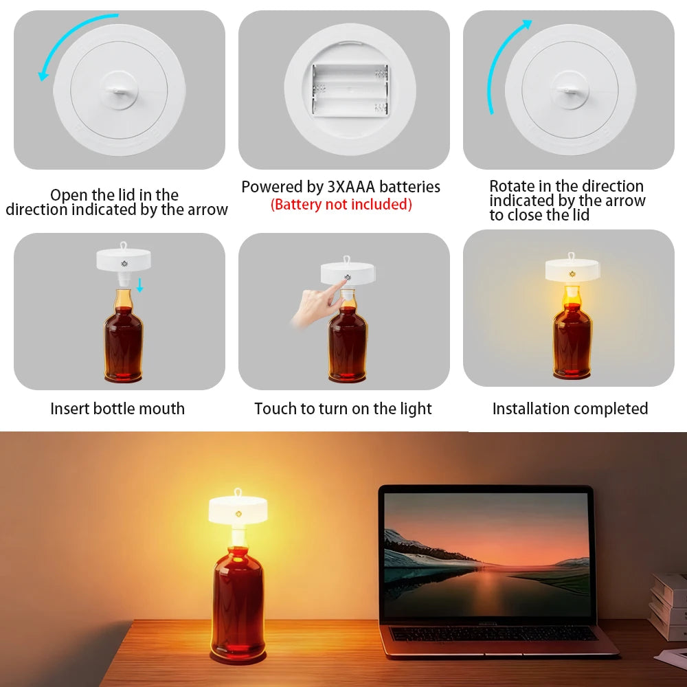 lampe bouteille vin transparente étiquette rouge imprimée fruits moderne led rechargeable