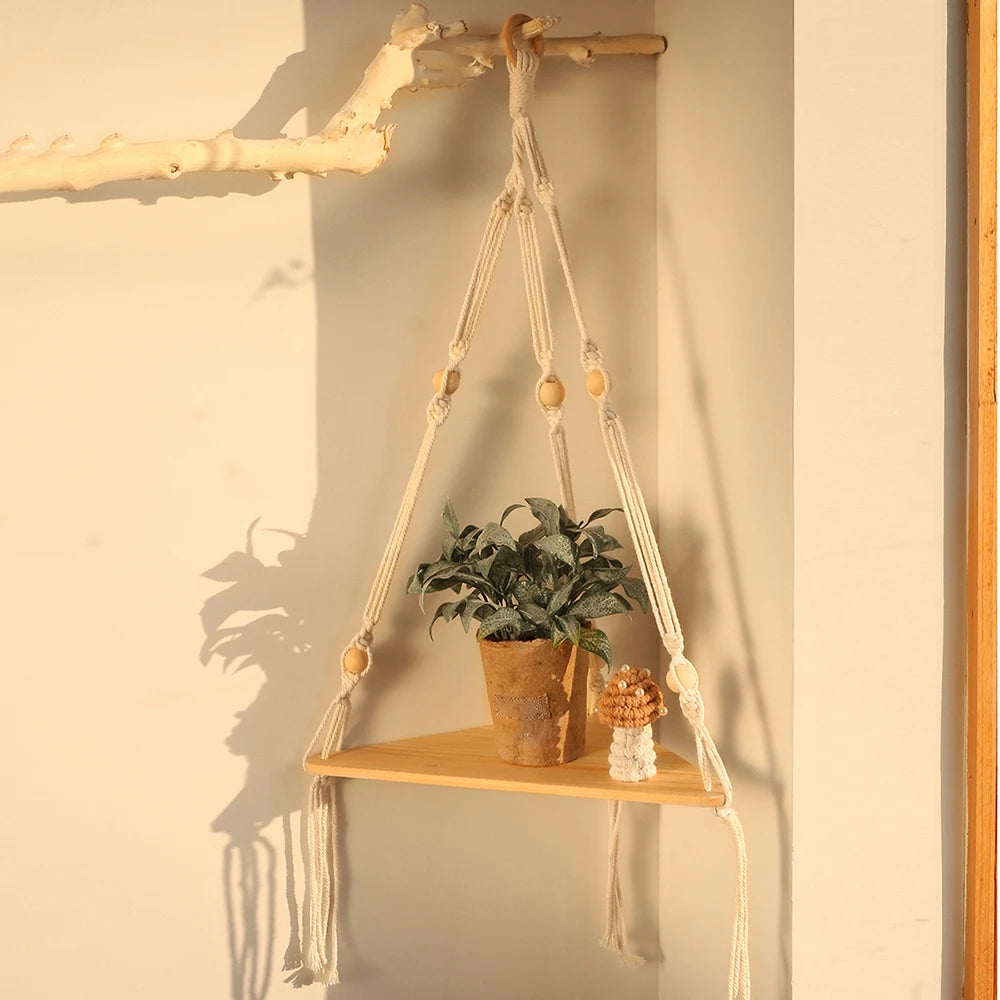 étagère suspendue bois macramé boho plante artificielle vase noir blanc rustique