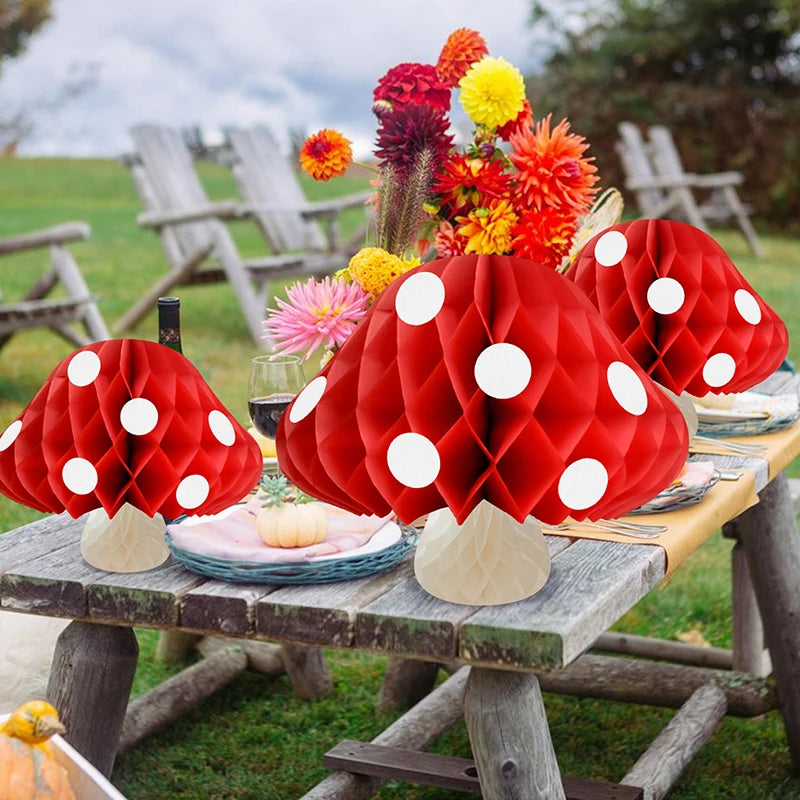 décoration fête anniversaire enfant adulte boule papier forme champignon rouge blanc texture alvéolée festive