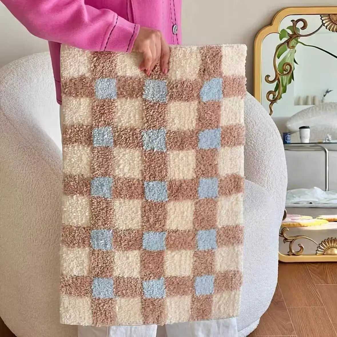tapis violet moderne carreaux géométriques polyester absorbant antidérapant résistant saleté