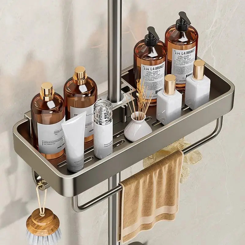 étagère salle bain moderne métal noir gris argenté fixée bouteilles savon parfum serviette gant