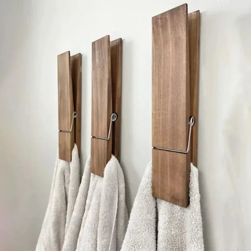 pinces linge bois naturel marron foncé rustique modernes salle bain adhésif grandes petits