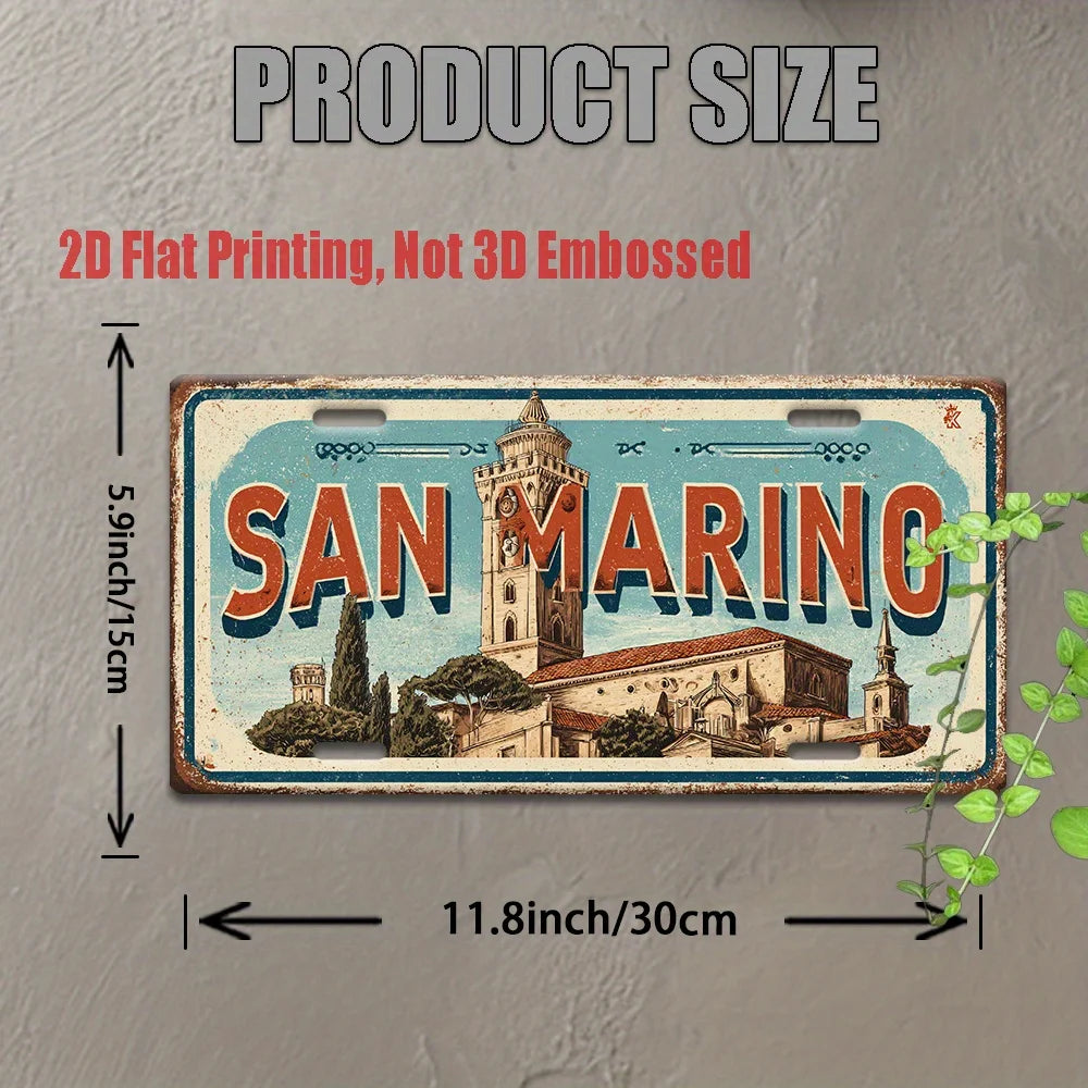 plaque décorative vintage paysage urbain san marino aluminium bleu blanc rouge vert