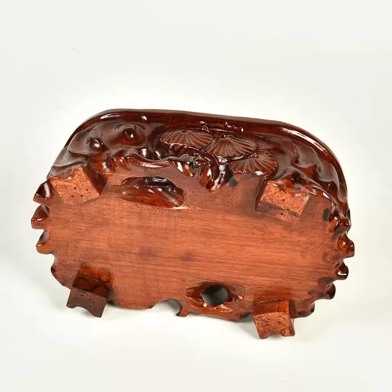 support bois marron sculpté motifs floraux artisanal vase pierre figurine plante decoration chinois traditionnel