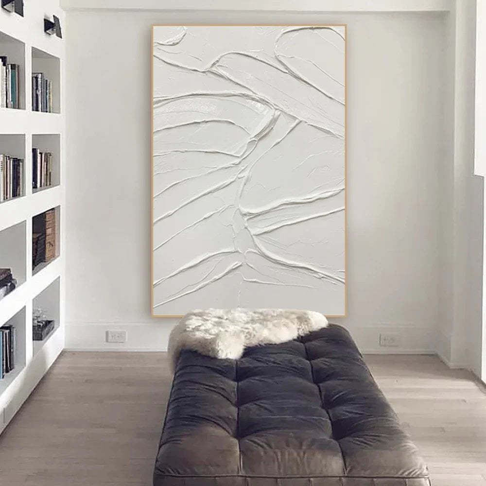 tableau moderne abstrait lignes ondulées blanc gris clair décoration intérieure sans cadre contemporain horizontal