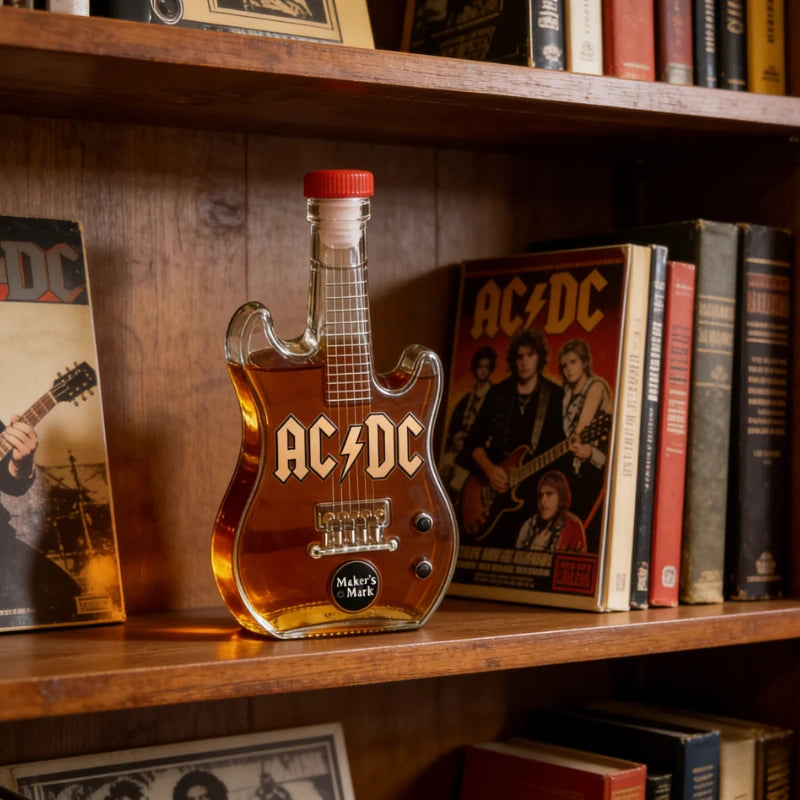 ornement rock bouteille forme guitare ac dc whisky transparent ambré rouge collection décoration plectres