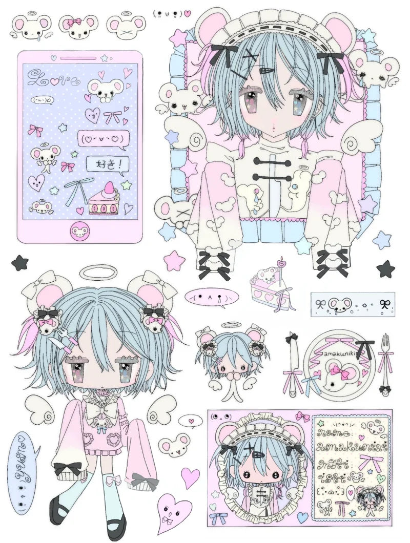 stickers kawaii personnages mignons chats coeurs papillons panda floral rose gris blanc bleu vert