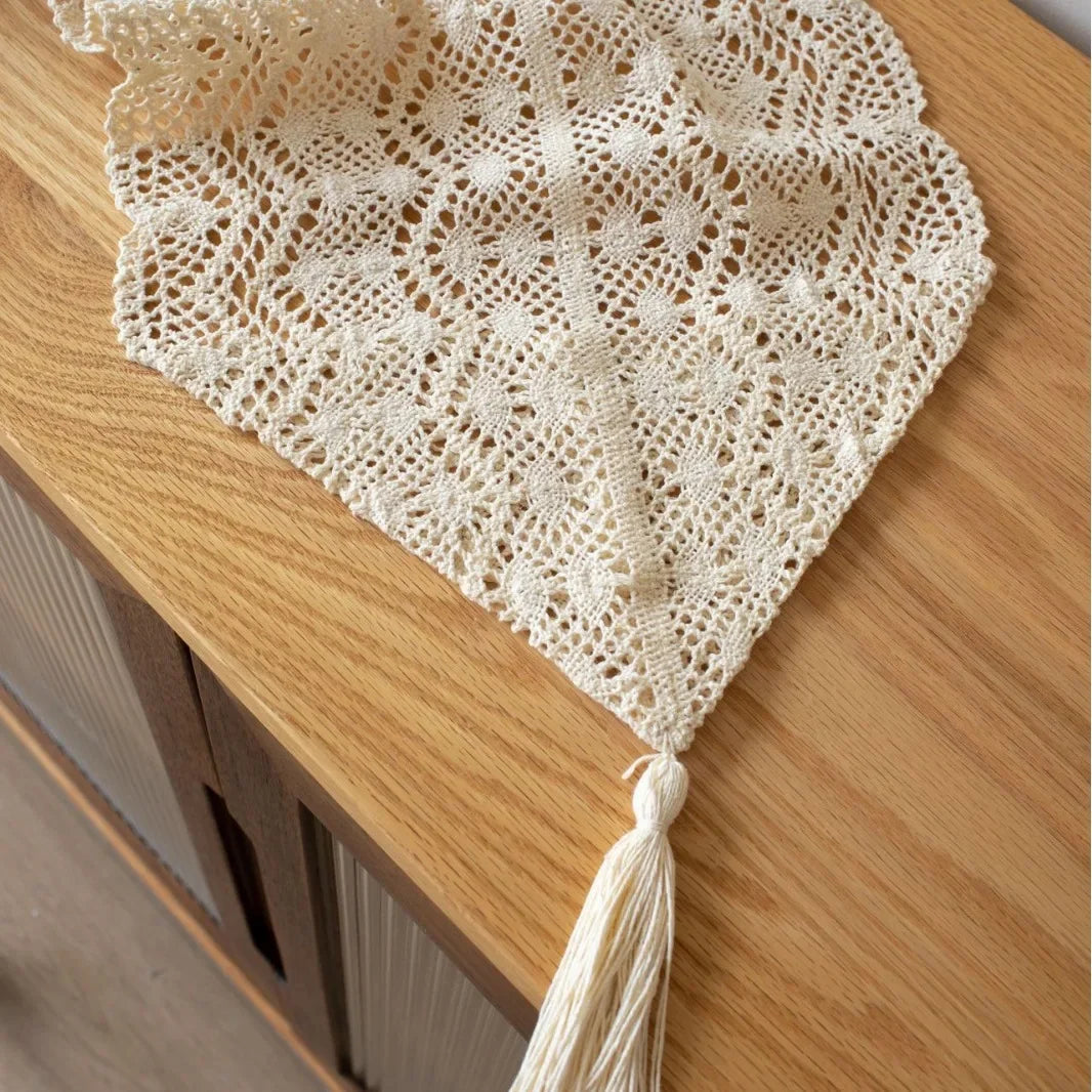 serviette table traditionnelle motif floral serviette beige clair tissage crocheté frange maison polyester coton