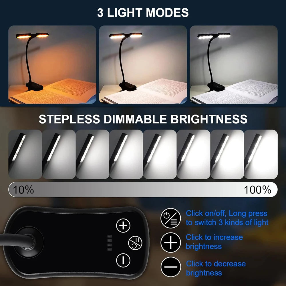 lampe lecture rechargeable 14 led clip noir ajustable couleurs niveaux brightness moderne