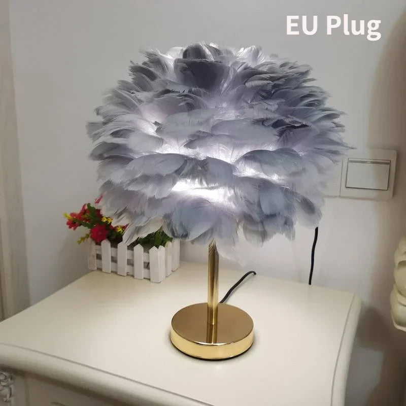 lampe table plumes moderne rose gris blanc décoration bohème éclairage original led certifiée vde