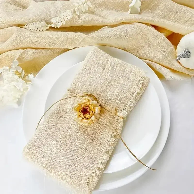 lot dix serviettes table coton beige clair franges rustiques mariage décoration chic maison