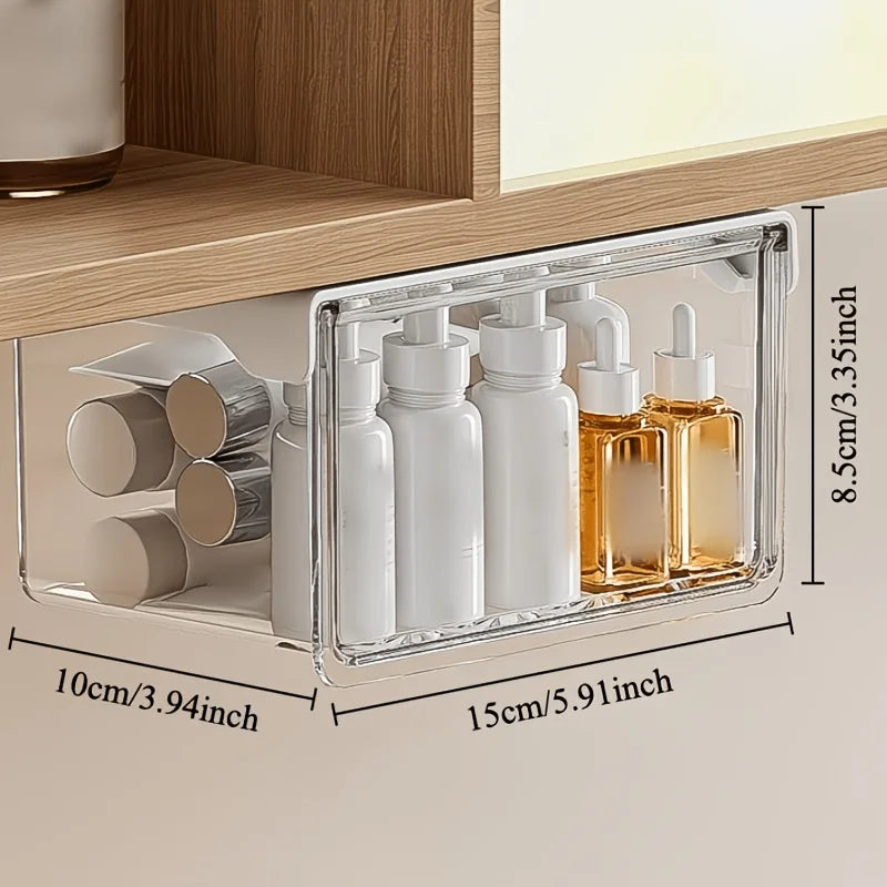 boîtes rangement sous meuble transparent clips modernes rangement bouteilles bâtonnets optimisation espace élégant pratique