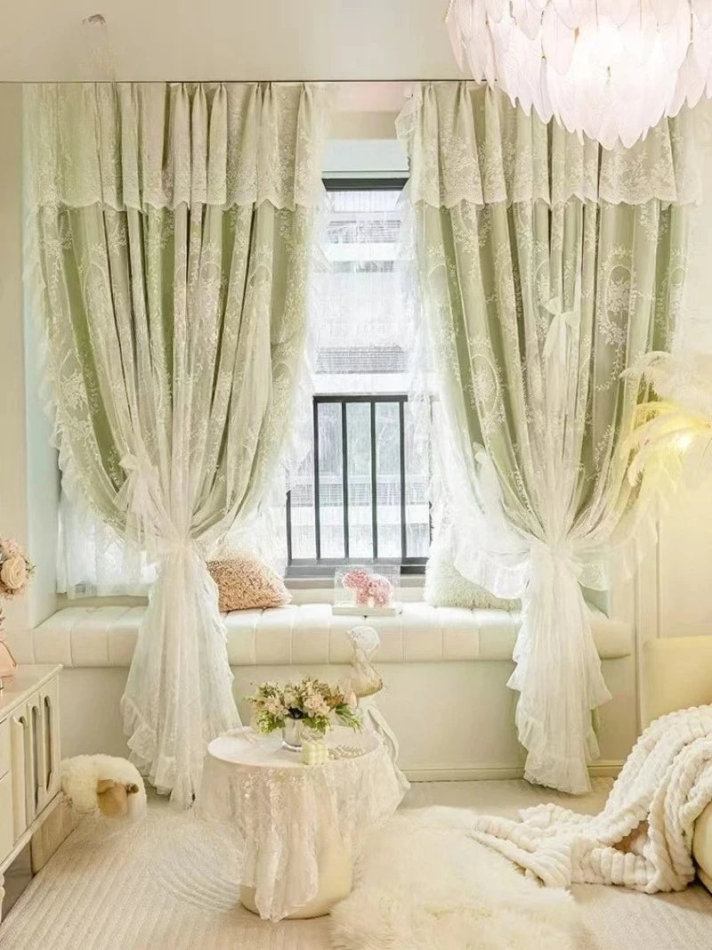 rideau double couche vert clair blanc motif floral dentelle classique chambre salon maison