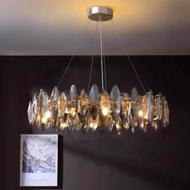 luminaire suspension cristal doré moderne lustre élégant salon salle manger luxe