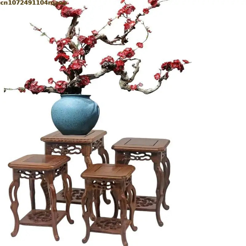 table basse bois sculpté classique stand pot fleur décoration maison marron clair