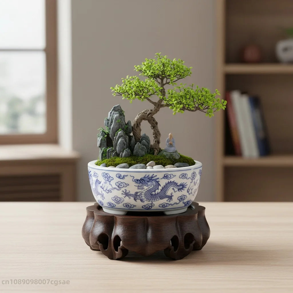 support bois sculpté artisanal marron foncé bonsaï théière vase décoration moderne