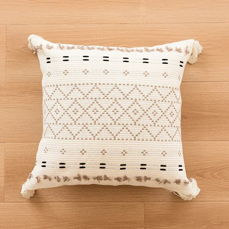 coussin carré boho noir blanc motif géométrique tassel polyester amovible lavable