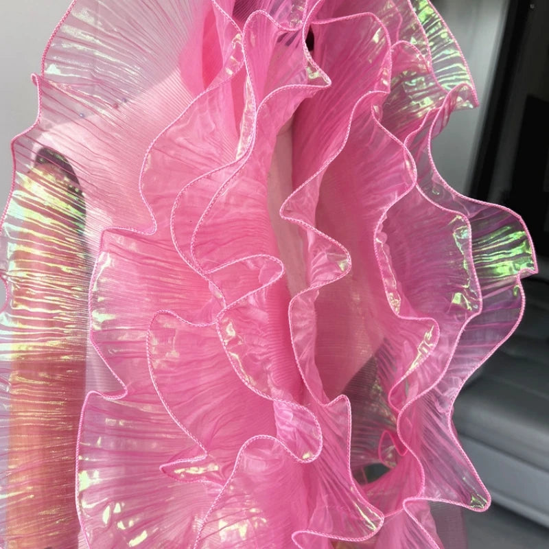 tissu voile semi transparent rose pâle vert iridescent moderne élégant rayures fines dentelle polyester