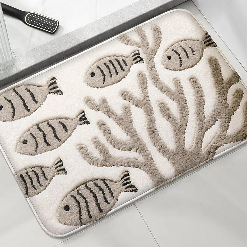 tapis bain poissons coraux anti dérapant absorbant moderne blanc gris beige
