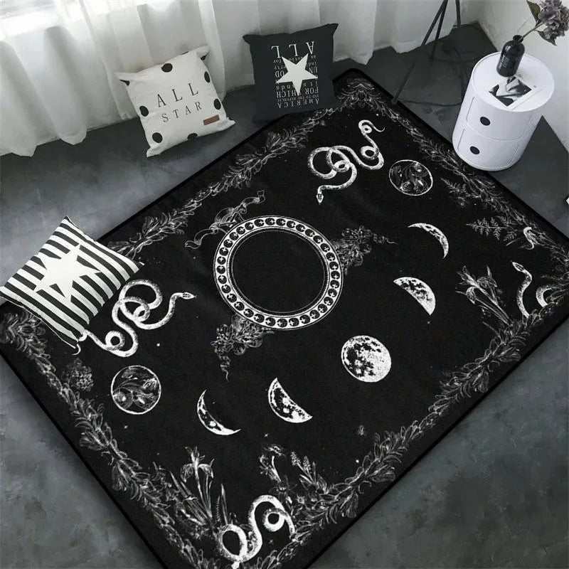tapis sol mystique noir blanc motif lune étoile décor gothique salon chambre maison