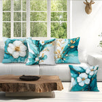 coussin moderne fleurs blanches dorées fond bleu zip invisible 40cm 45cm 50cm