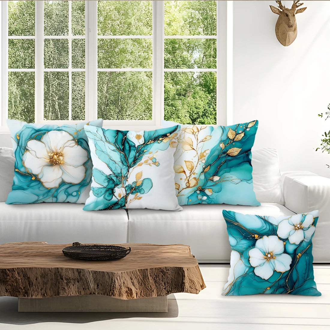 coussin moderne fleurs blanches dorées fond bleu zip invisible 40cm 45cm 50cm