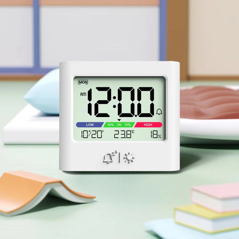 réveil numérique lcd affichage température humidité date horloge voyage écran led blanc moderne minimaliste