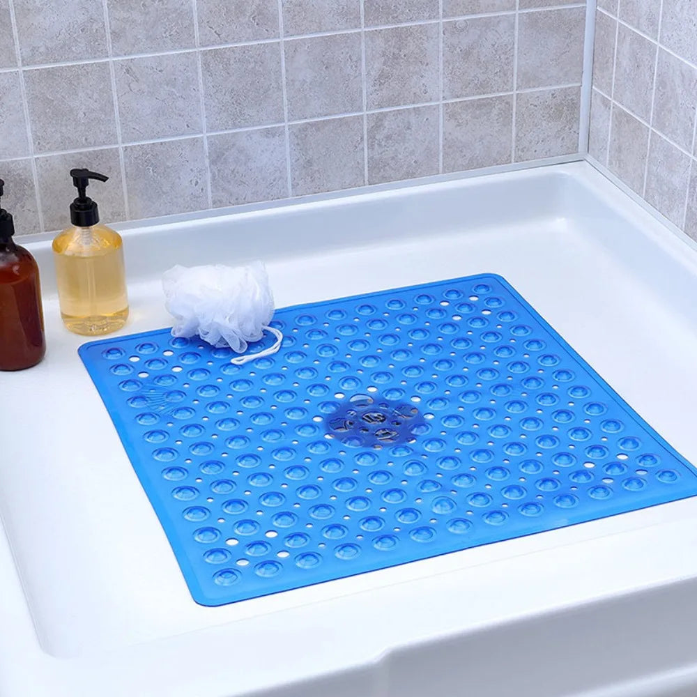 tapis bain antidérapant pvc bleu blanc noir perforé moderne adhésif 53x53cm