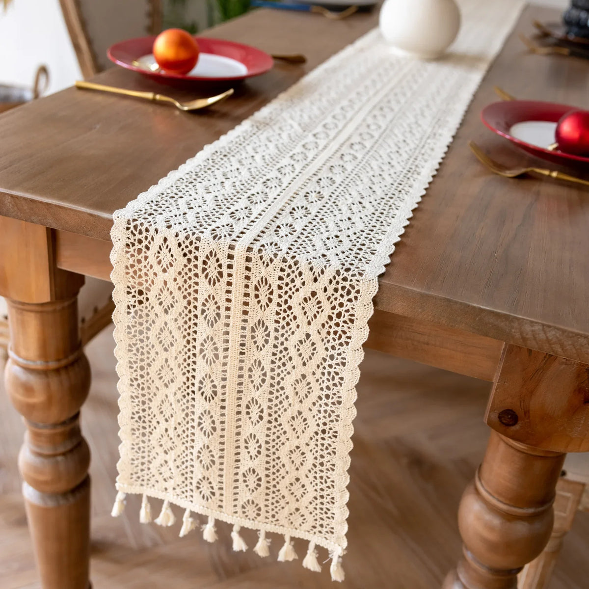 nappe coton dentelle floral bohème bordure frangée transparent table décoration chambre cuisine événement festive