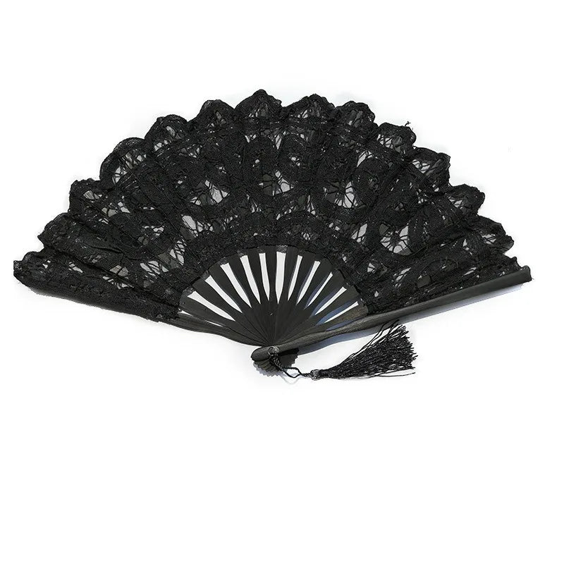 éventail pliant dentelle bambou portable brodé pompon décoration intérieure classique noir rose vert rouge