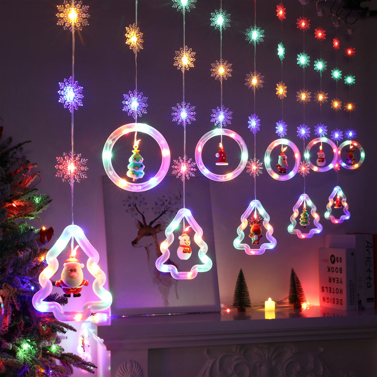 guirlande lumineuse noël multicolore flocons sapins père noël moderne télécommande led 100 ampoules 3m