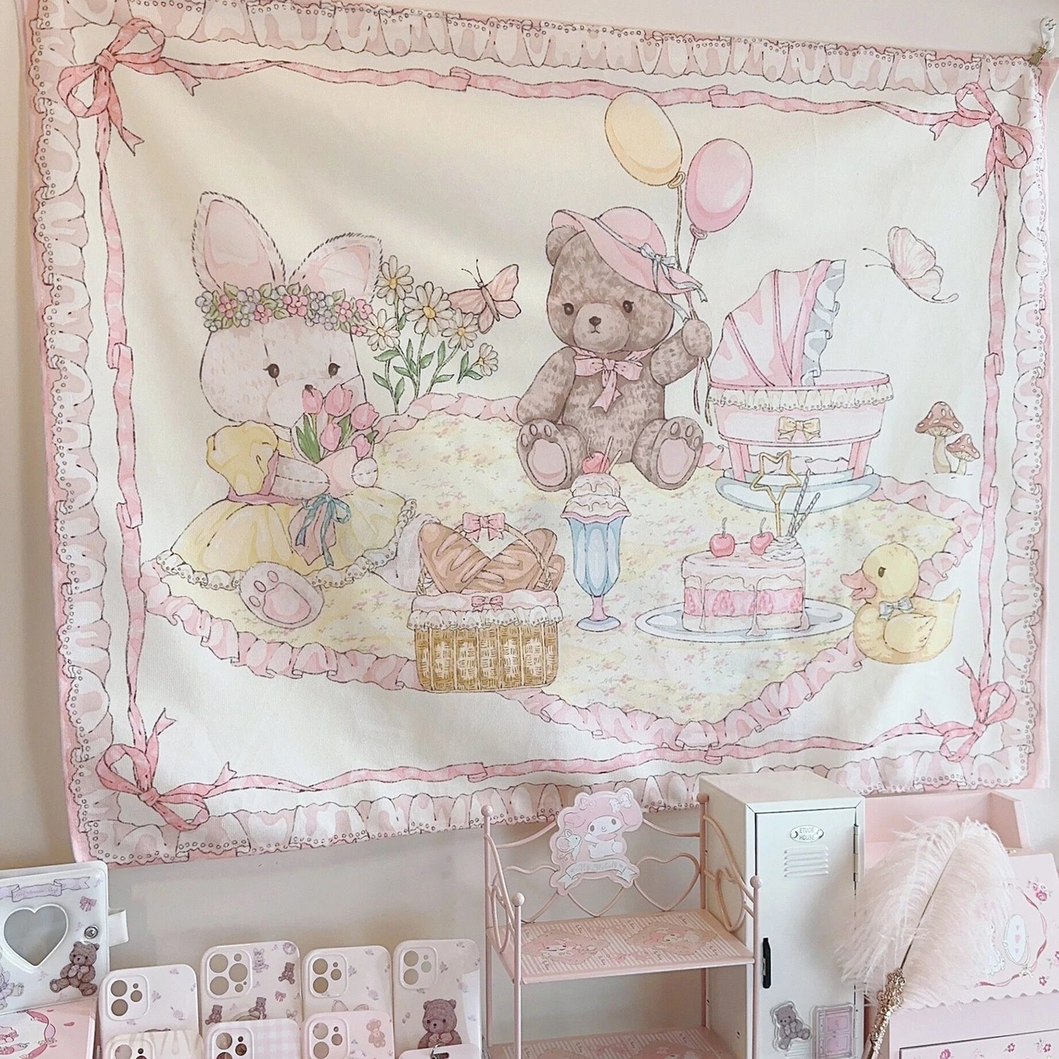 Tapisserie rose Kawaii avec ours mignon pour décoration chambre adolescent