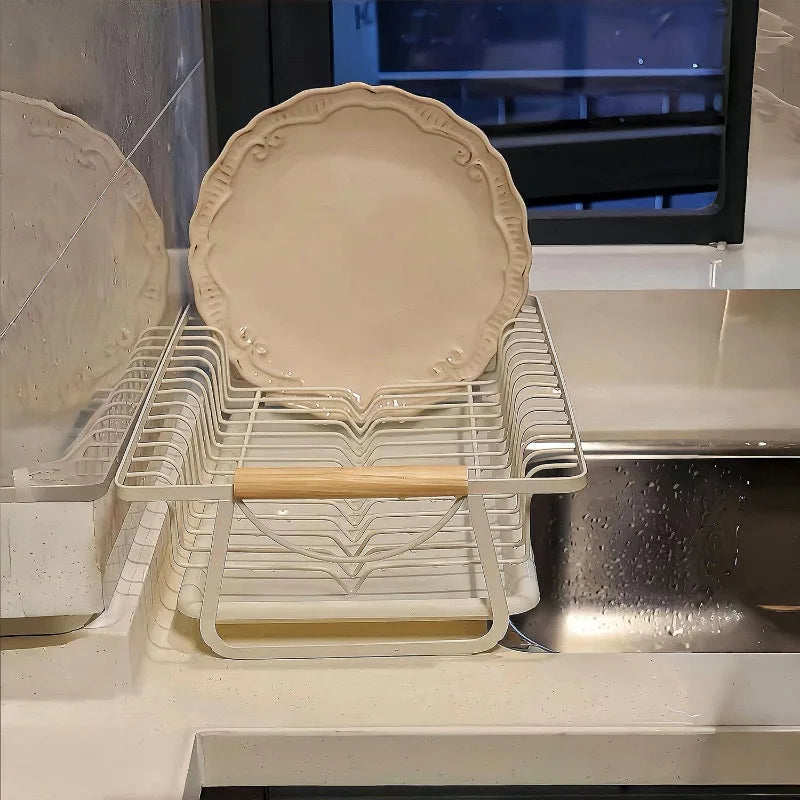 égouttoir vaisselle acier inoxydable blanc moderne assiettes bols verres poignées bois cuisine organisateur multifonctionnel