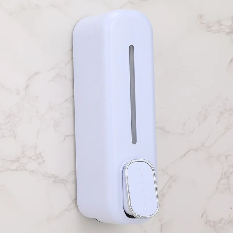 distributeur savon liquide mural blanc doré moderne adhésif bouton déclenchement fenêtre remplissage minimaliste
