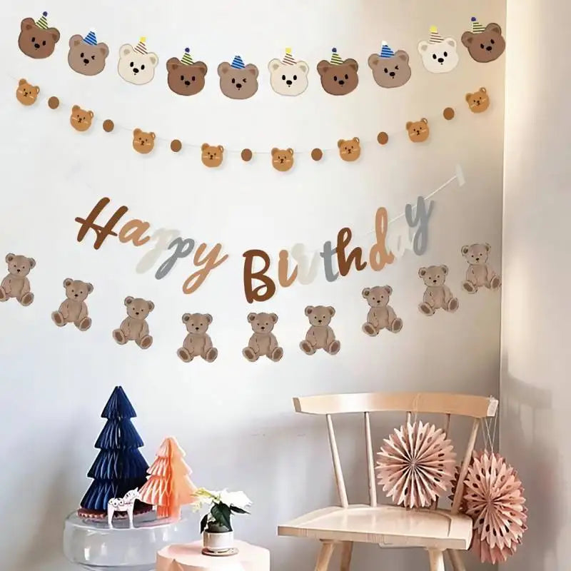 guirlande décoration fête anniversaire ours marron lettre happy birthday papier qualite haute enfants ballons