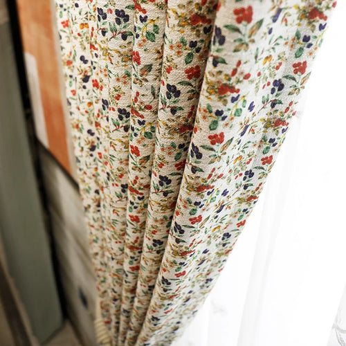rideau vintage fleurs motif beige rouge vert bleu dentelle coton lin salon chambre maison