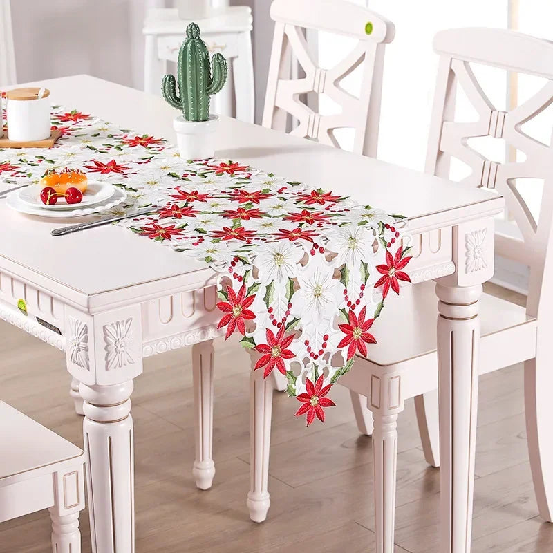 table table noël brodée fleurs poinsettia houx dorées maison hotelDecoration festive traditionnelle polyestère