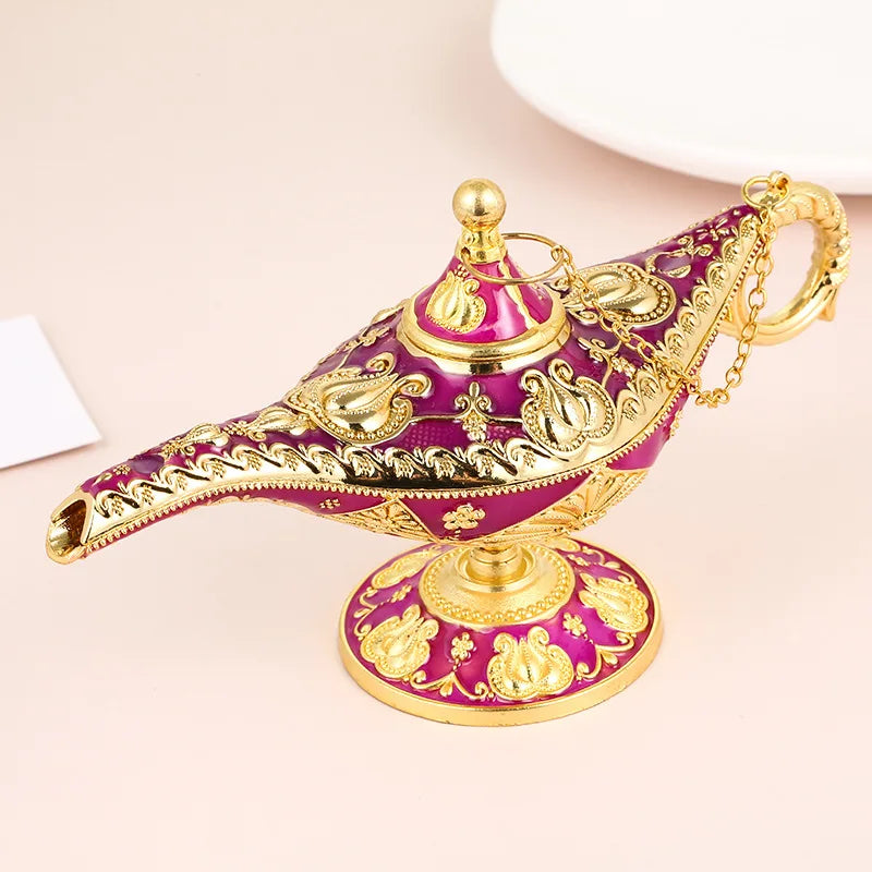 lampe huile artisanale métal ornementée art nouveau chaîne finition dorée violet vert rouge bleu