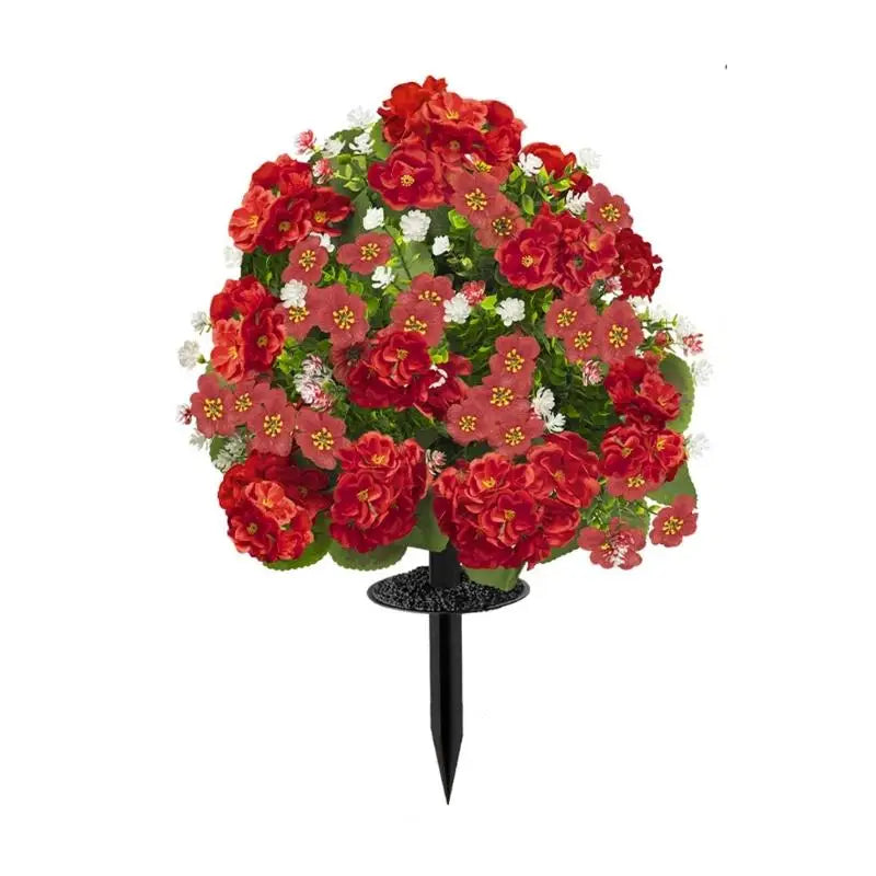 bouquet artificiel fleurs rose rouge blanc feuilles vertes modernes extérieures piquet noir pot blanc